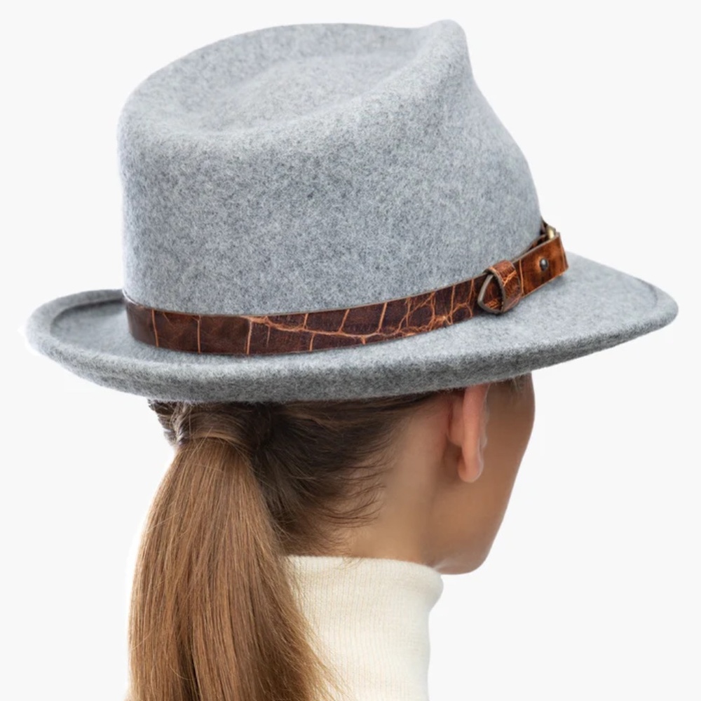 ERIC JAVITS Wool Classic Fedora Hat in Grey Mix Neutral Leather Band One Size - Picture 4 of 16
